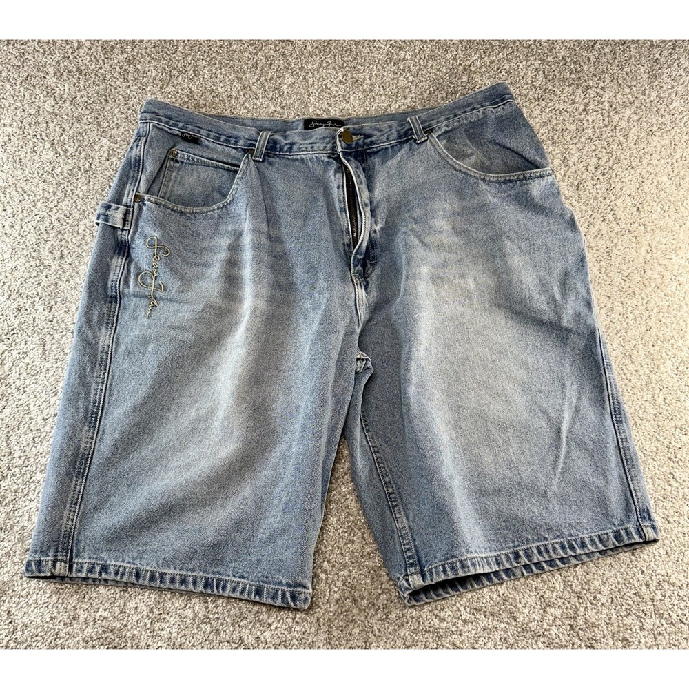 Vintage Sean John Mens Blue Denim Shorts Baggy Size 40 Light  Wash 1990s Y2K